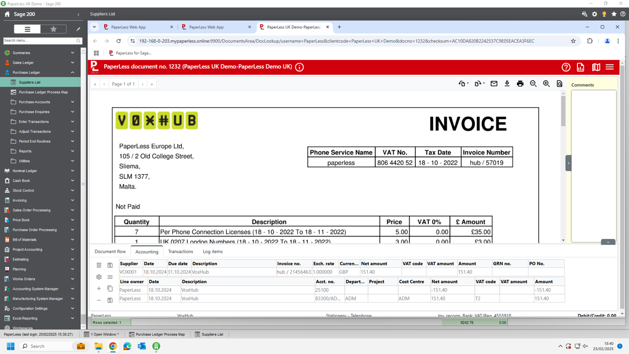 Live Invoice Lookup from Sage
